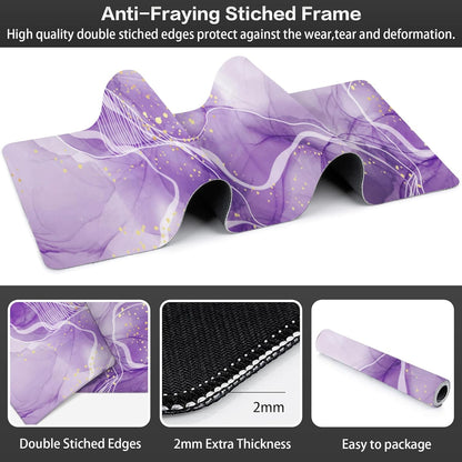 Watercolor Purple Marble Desk Mat,Large Violet Marble Texture Gaming Keyboard Mouse Pad,Non-Slip Rubber Base Desk Pad Thick Stitched Edges Waterproof Mousepad Mouse Mat 31.5"x11.8"