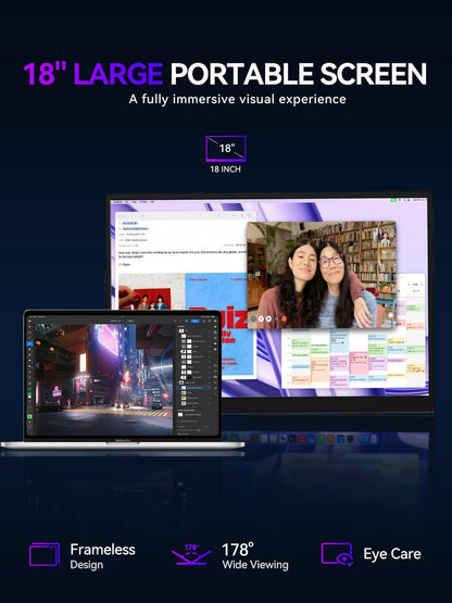 UPERFECT QLED Portable Monitor 2K 144HZ 18'' 100% DCI-P3 500Nits w/VESA & Stand 180° Adjustable Ultra-Slim & Lightweight Frameless FreeSync IPS HDR Gaming Display, Travel Second Monitor for Laptop