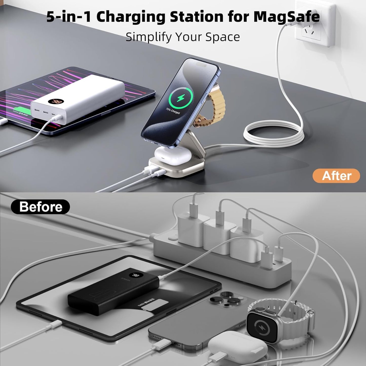 5-in-1 Wireless Charger for MagSafe, AC ISLAND Portable Travel Charging Station, 15W Max Fast Foldable Magnetic Stand, Evolved for iPhone 17/16/15/14/13 Series, Apple Watch, AirPods (with 35W Adapter)