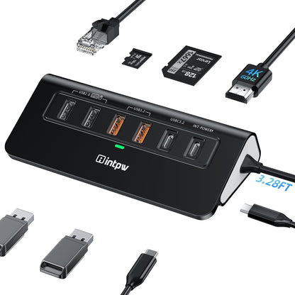 USB C Hub Ethernet, 10Gbps Laptop Docking Station 10-in-1, 4K@60Hz HDMI, 3 USB C/A 3.2 Data, LAN, 2 USB A 2.0, PD 100W, SD/TF Ports, 3.28FT Powered USB Hub for Laptop, PC, iPhone 16/15, Mac