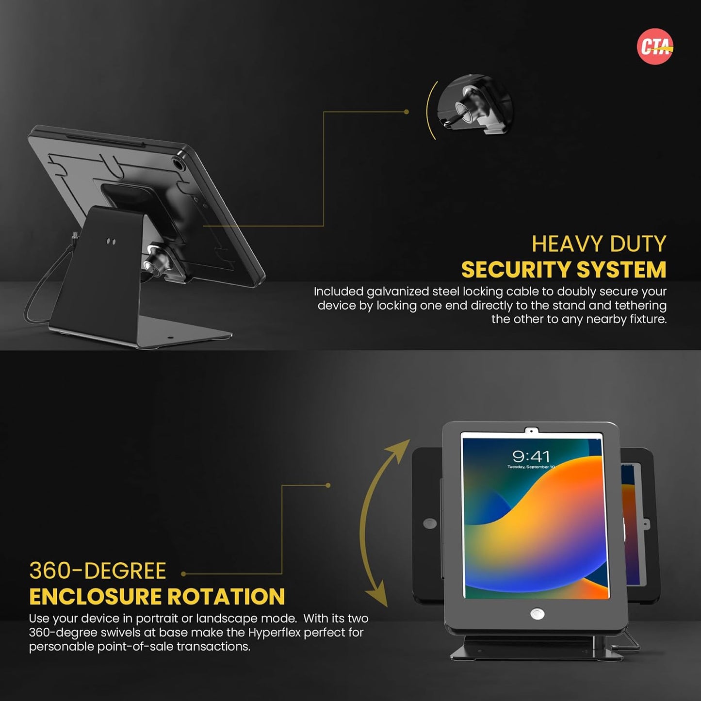 Desktop Anti-Theft Stand – CTA Kiosk Stand with Stylus, Tether, and Aluminum Enclosure for iPad 11th Gen A16 11” - 10th Gen 10.9” - Air 4th & 5th Gen - 11” Pro & More - Black (PAD-DASB109)