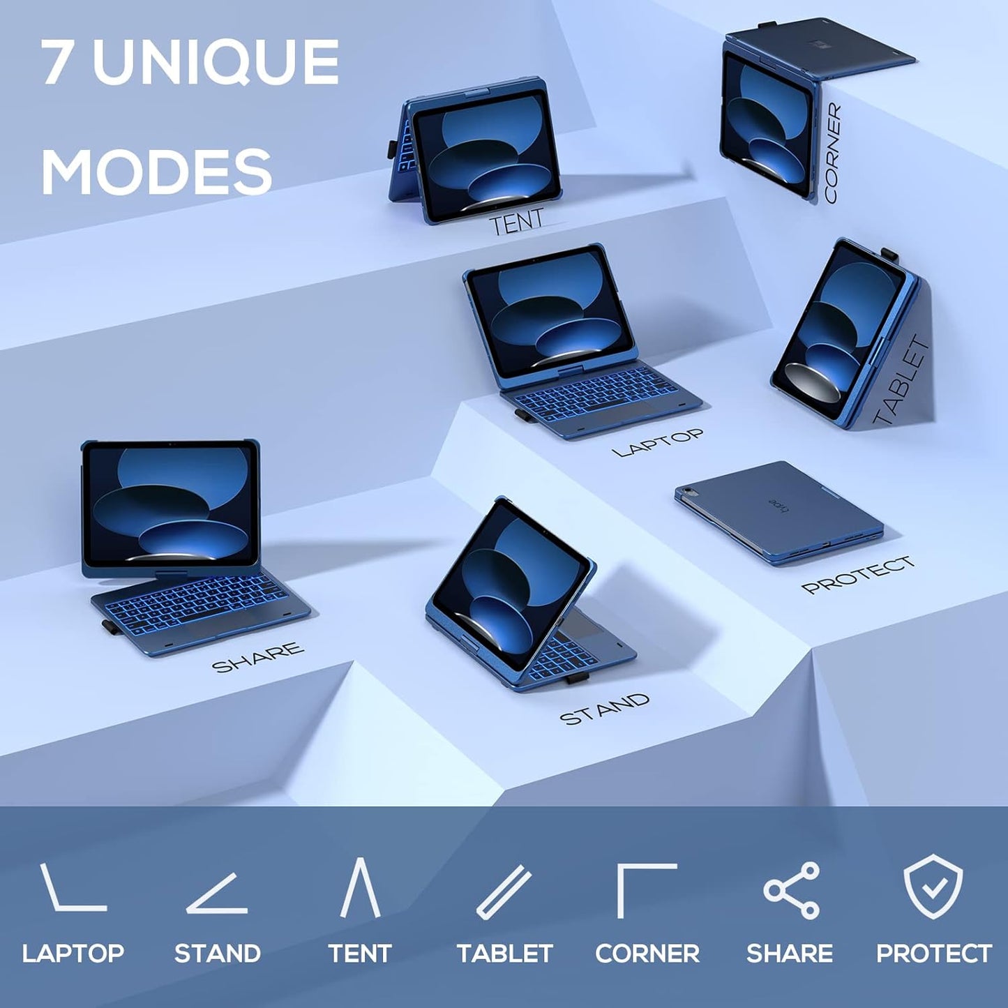 typecase Touch iPad 10th Generation Case with Keyboard (10.9", 2022) and iPad A16 (11th Gen, 2025) – 360° Rotatable, 11-Color Backlit, Multi-Touch Trackpad, Thin & Light (Midnight Blue)