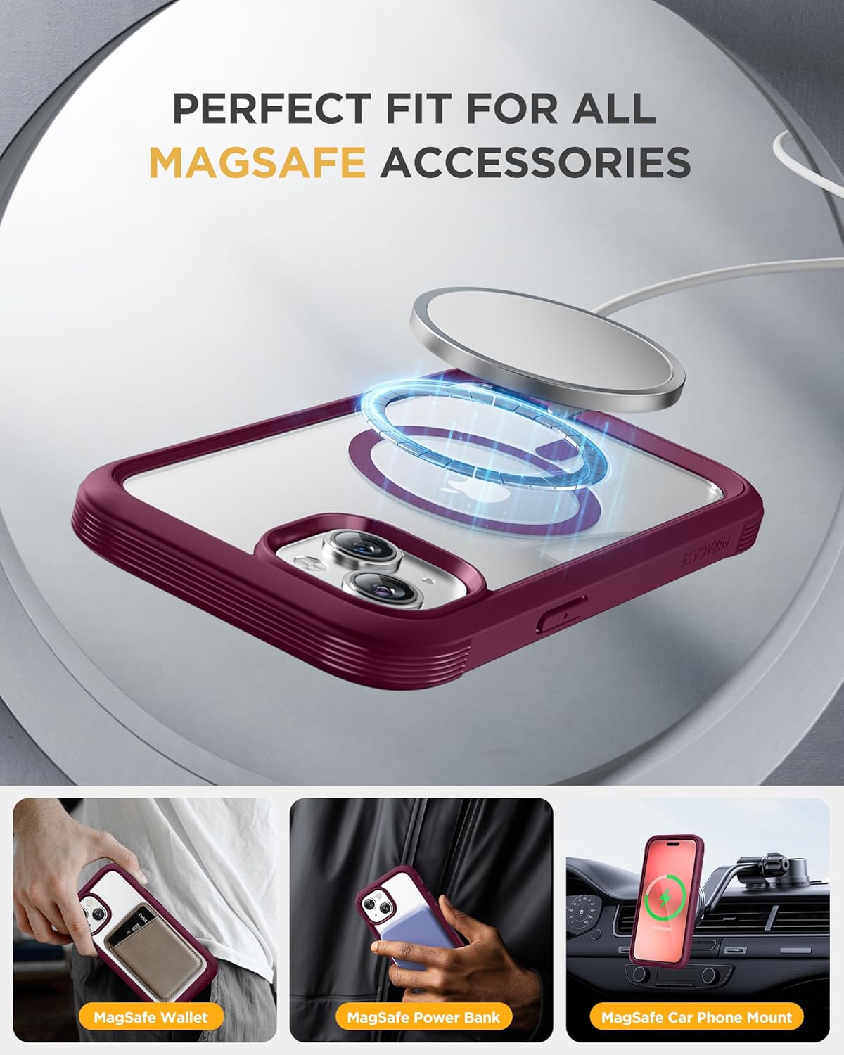 Miracase Glass Series for iPhone 15 Case [Compatible with MagSafe] Full-Body Magnetic Case with Built-in 9H Tempered Glass Anti-Fingerprint Screen Protector + Camera Lens Protector, Wine Red