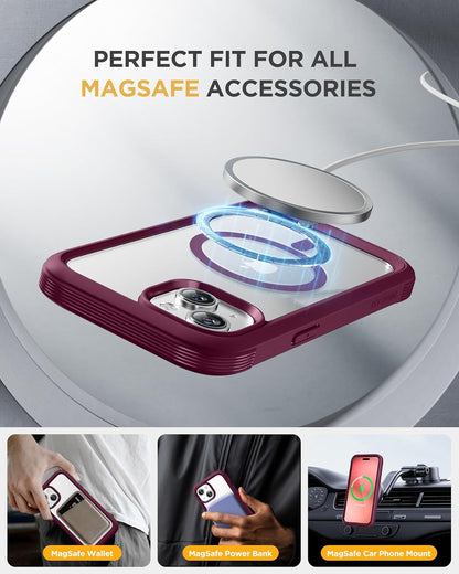 Miracase Glass Series for iPhone 15 Case [Compatible with MagSafe] Full-Body Magnetic Case with Built-in 9H Tempered Glass Anti-Fingerprint Screen Protector + Camera Lens Protector, Wine Red