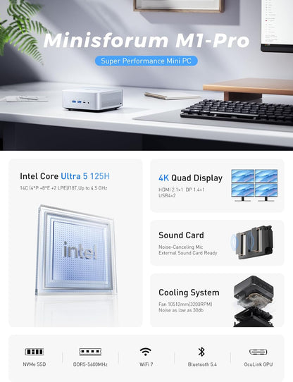 MINISFORUM AI Mini PC Barebone M1 Pro-125H with Intel Core Ultra 5 Processor 125H(14C/18T,up to 4.5Ghz), Mini Computer PCIe4.0 SSD,Triple Display with HDMI 2.1/USB4/DP,5X USB Ports, WiFi 7, BT5.4
