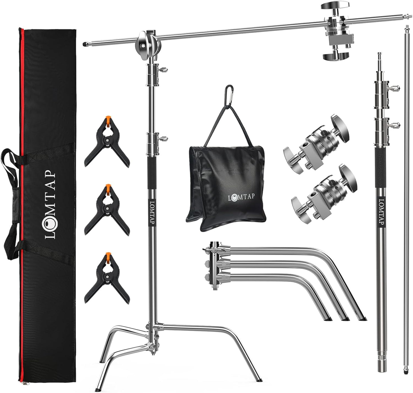 LOMTAP C Stand Light Stand Stainless Metal Photography Kit - Heavy Duty 10.8ft/330cm Vertical Pole, 4.2ft/128cm Boom Arm, Adjustable Base, Water Sandbag, 2 Grip Heads, 3 Clips for Softbox, Reflector