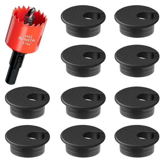 Desk Grommet & Cable Grommet 1-3/8 Inch (10 Pack) - Black Cord Hole Cover with Hole Cutter - Cable Management Kit for Office Desk, TV Stand, Workstation - Hide Wires Behind Wall, Cable Pass Through