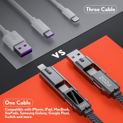 pzoz 4-in-1 USB C Fast Charging Cable with LED Display, Multi USBC Charger Combo Lightning/Type C/USB A Metal Ports for iPhone 16/15/14 Pro Max iPad MacBook AirPods Pro Samsung Google (60W, 5 ft)