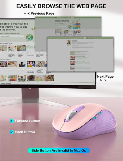 Trueque Wireless Mouse for Laptop, 2.4GHz Ergonomic Computer Mouse with Back & Forward Buttons, 3-Level DPI, 6 Buttons, Optical USB Cordless Mice for Windows Chromebook MacBook PC (Pink Purple)