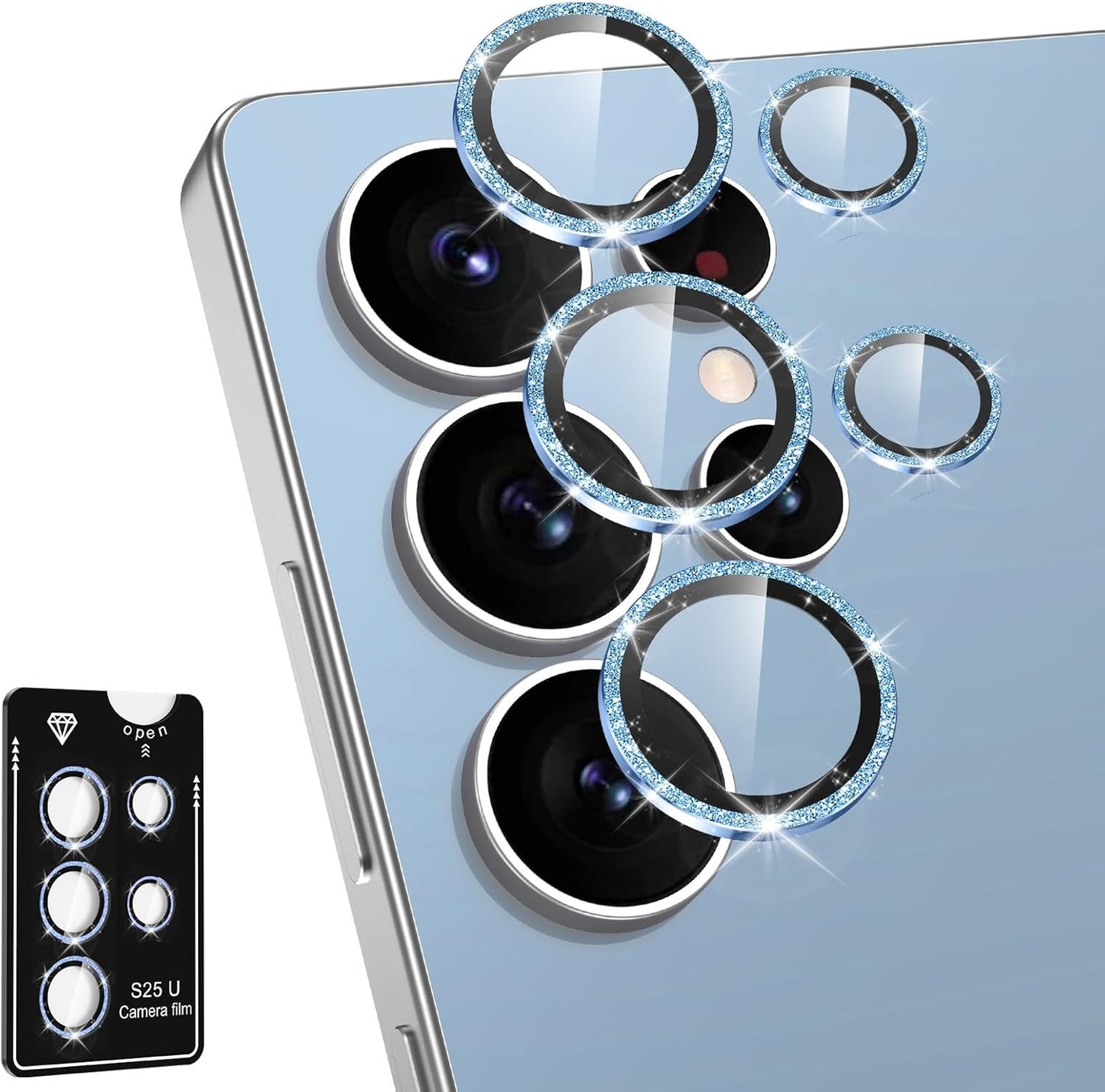 for Samsung Galaxy S25 Ultra Camera Lens Protector, Individual Metal Ring Tempered Glass Lens Cover, [Strong Adsorption] Scratch Resistant Ultra-Thin HD Clear Lens Cover, 1 Set-Blue Sparkly