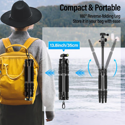 SIRUI Lightweight Carbon Fiber Travel Tripod, 6kg Load Capacity Compact Camera Support with Carry Bag, Portable for DSLR Mirrorless Cameras, Max Height 54" for Hiking Vacation Vlogging