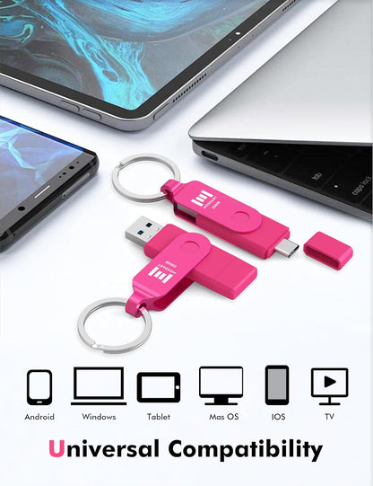 MOSDART 256GB USB3.1 Fast Speed C and A Dual Flash Drive, exFAT Memory Stick with Keychain and LED Indicator, for iPhone 15 and 16, Android Phone, iPad, MacBook, and Other Laptops, Hot Pink