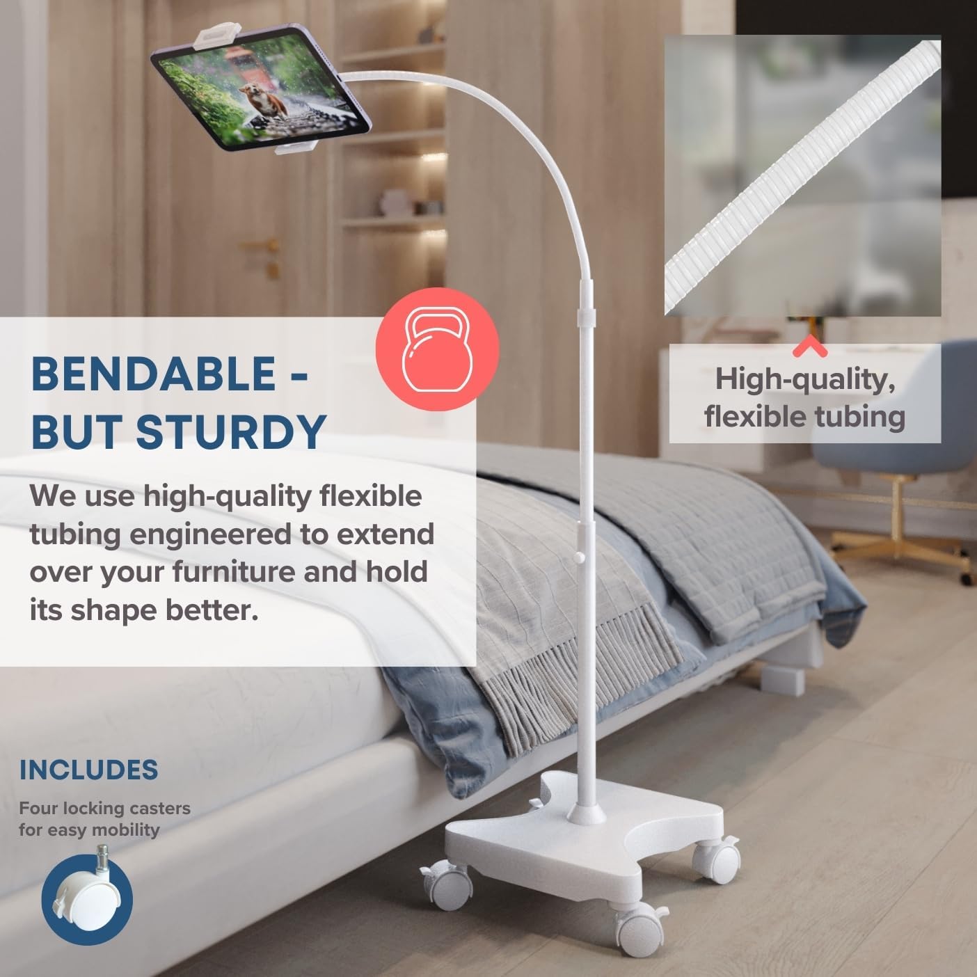 LEVO Adjustable Height Floor Stand on Wheels for Tablet & Phone - Gooseneck Holder Mount with Stable Base - Compatible with All Cell Phones & Tablets (4-13 inch) - White