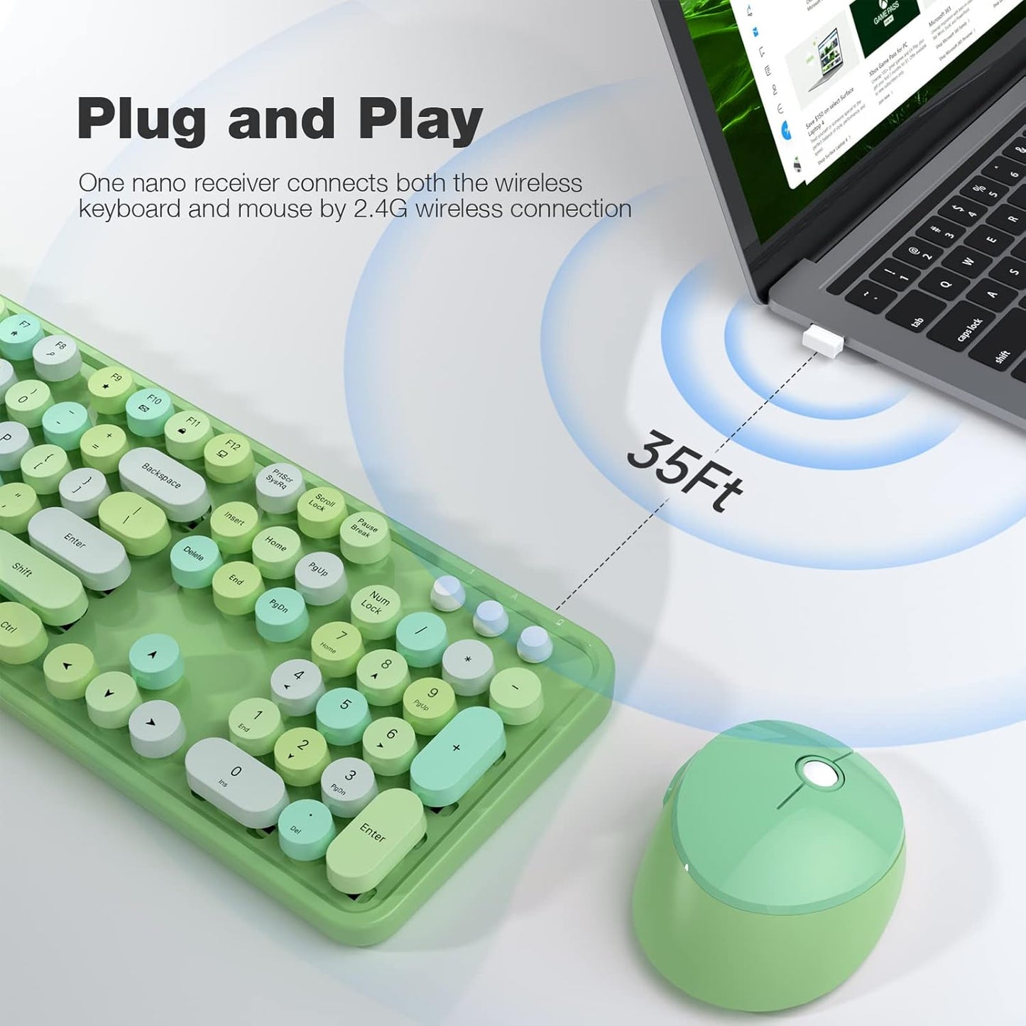 KNOWSQT Wireless Keyboard and Mouse Combo, Green Colorful 2.4G Typewriter Full-Size Retro Keyboards - USB Receiver Plug and Play, for Computer, PC, Laptop, Desktop, Windows