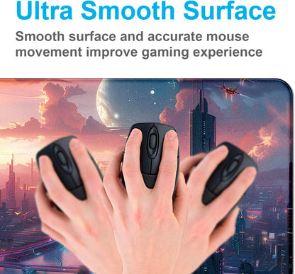 Digital Anime City Night View Office Art Desk Mat, Female Aesthetic Style Oversized Stitched Edge Laptop Keyboard Desk Mat 35.4 x 15.7 x 0.12 Inches