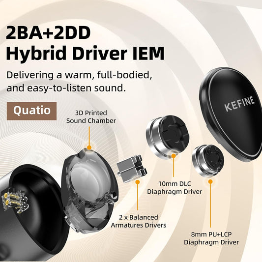 HiFiGo KEFINE Quatio in Ear Monitor, 2DD+2BA Hybrid IEMs with 3 Tuning Nozzles, in Ear Headphone with Detachable Cable for Musician Audiophile