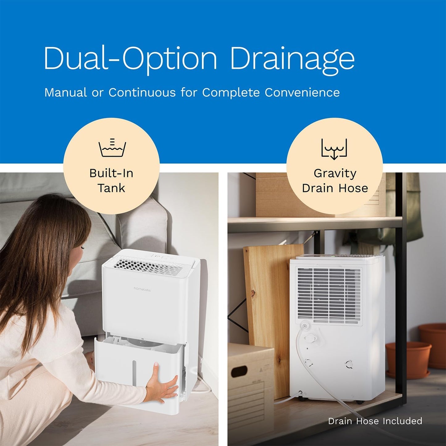 hOmeLabs 25 Pint Wi-Fi Dehumidifier for up to 3,500 Sq Ft Rooms (MAX 64 Pint at 95°F, 90% RH) – High-Efficiency Moisture Removal for Medium to Large Spaces with Auto Shut-Off and Quiet Operation