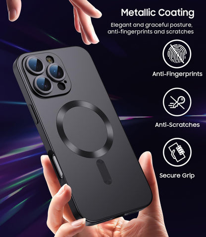Magnetic for iPhone 16 Pro Case [Compatible with MagSafe][Built-in Camera Lens Protector] Slim Soft Silicone Bumper Shockproof Metallic Luster Phone Case (Black)