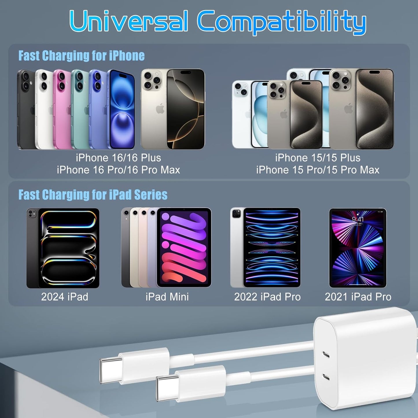 Dual Port USB C Charger for iPhone 16 15,Quick Double USBC Charger Fast Charging Block,2Pack Apple Wall Power Adapter Plug,6FT USB C to C Cable for iPhone 16 Pro/16 Pro Max/15 Pro/15 Plus,iPad Pro/Air