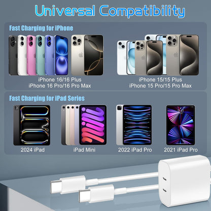Dual Port USB C Charger for iPhone 16 15,Quick Double USBC Charger Fast Charging Block,2Pack Apple Wall Power Adapter Plug,6FT USB C to C Cable for iPhone 16 Pro/16 Pro Max/15 Pro/15 Plus,iPad Pro/Air