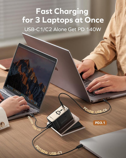 MOMAX GaN 205W Universal Travel Adapter, 9-in-1 European Travel Plug Adapter, 6 USB-C PD Fast Charging & 1 USB-A QC, 2 AC, International Power Adapter UK AUS JP, Travel Essentials