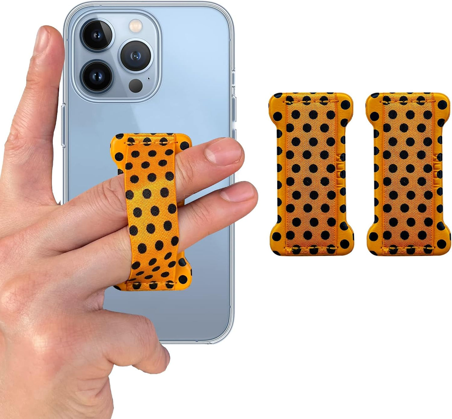 Phone Grip Holder for Hand, Universal Finger Strap Phone Holder, Finger Selfie Grip Compatible with Most Smartphones (Black Polka Dots) -2Pack