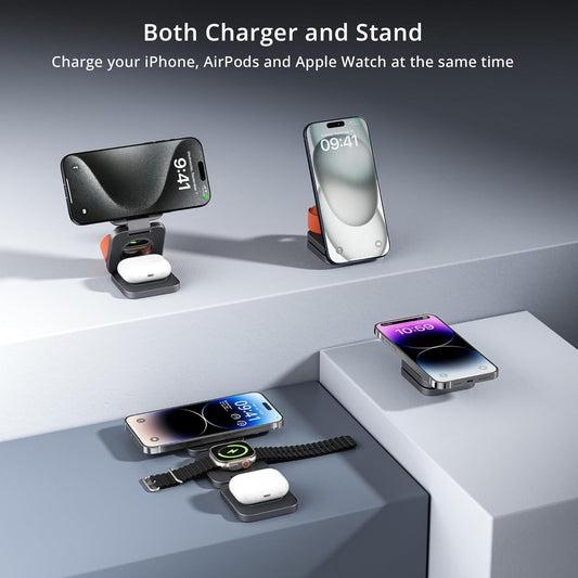 3-in-1 Wireless Charger Stand, LULULOOK 15W Magnetic Charger Wireless Fast Charging Station for iPhone 16/15/14 Series, Aluminum 5W Charger for Apple Watch, AirPods, USB-C Charging Cable Included