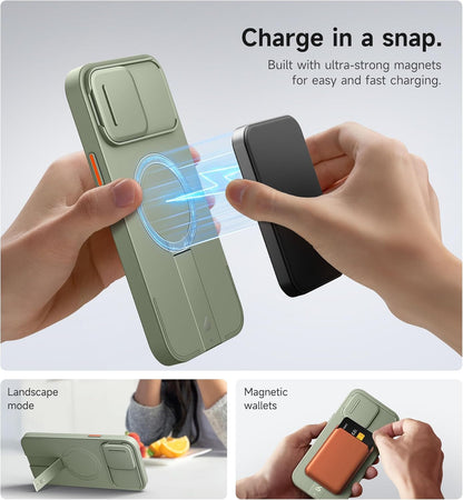 SURITCH for iPhone 13 Pro Max/12 Pro Max Case with Magnetic Camera Slide Cover and Adjustable Kickstand, Compatible with MagSafe, Shockproof Bumper Case Slim Protective Cover 6.7 Inch, Green