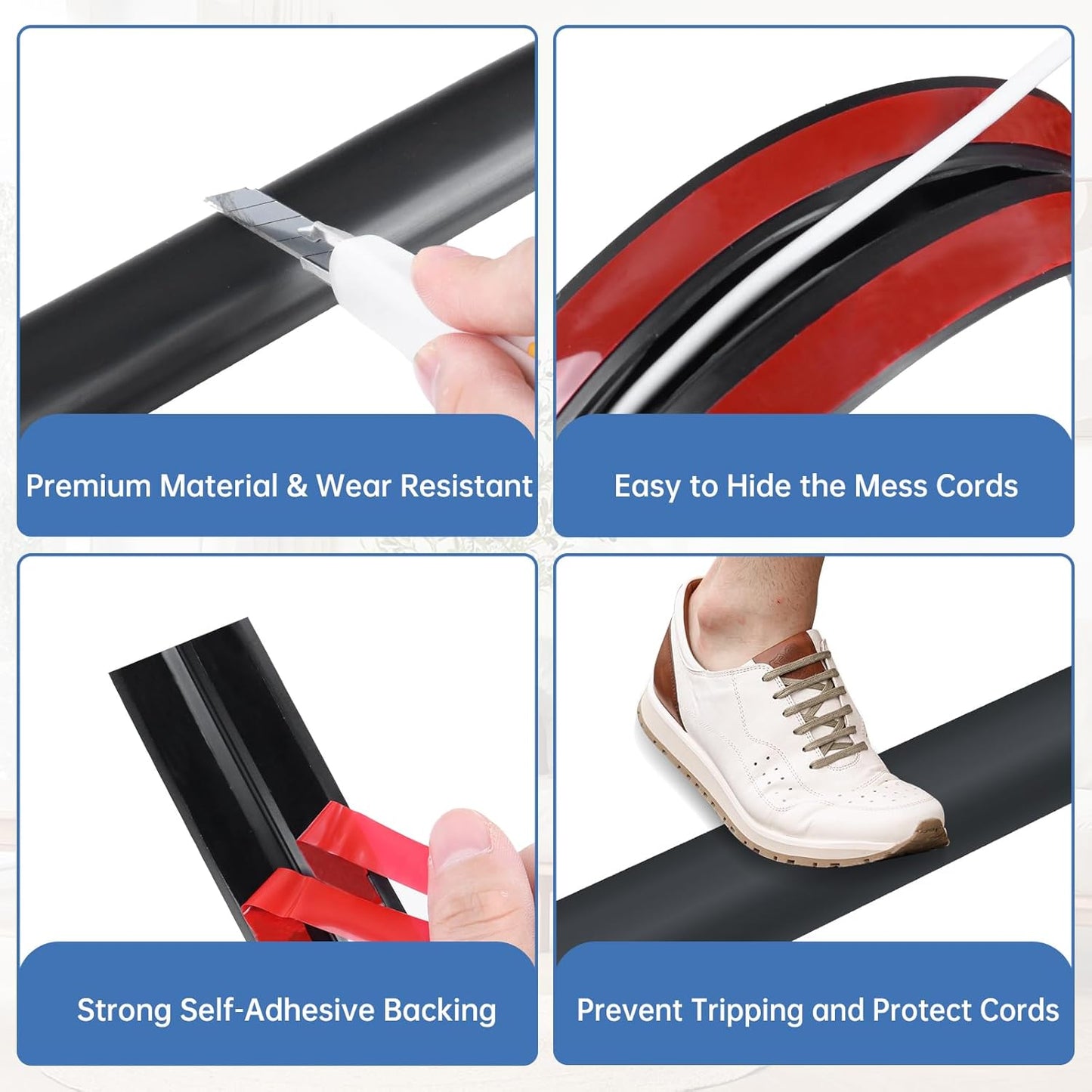 Floor Cord Cover Self Adhesive Cord Hider Floor Extension Cord Covers for Floor Power Cord Protector Cable Management Prevent Cable Trips Cable Cavity 0.59" W x 0.31" H (Black, 3.3Ft)