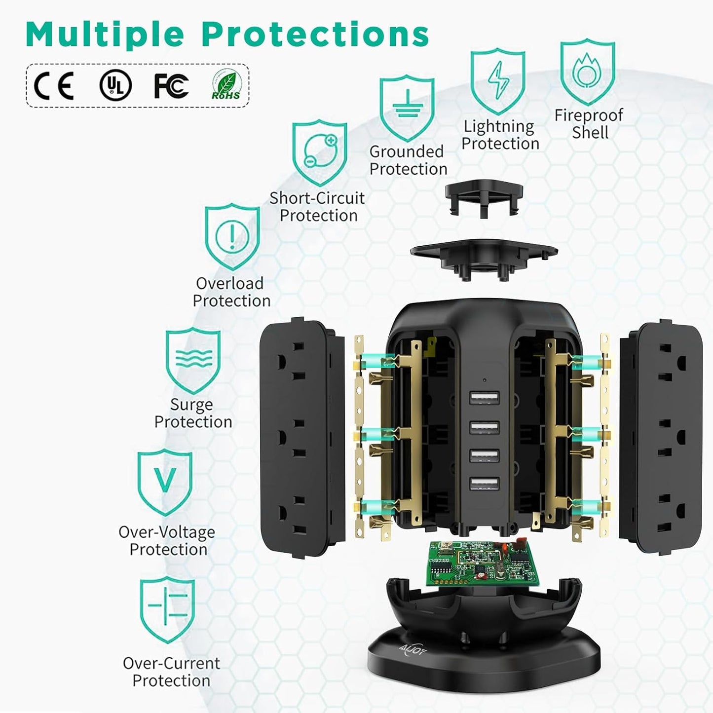 Power Strip Tower with USB Ports-AiJoy Surge Protector with 12 AC Outlet and 4 USB Ports, 10 Ft Extension Cord with Multiple Outlets, Charging Station with Overload Protection, for Home Office Dorm