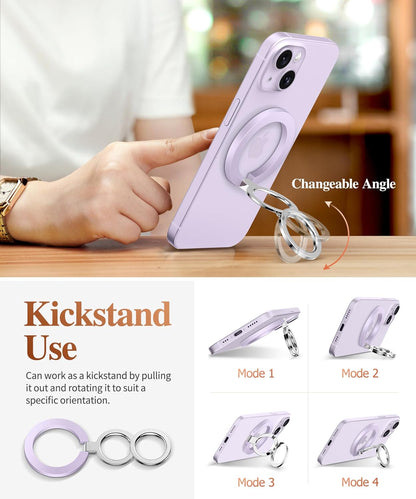 GVIEWIN Magnetic Phone Ring Holder, Compatible with MagSafe Phone Grip with Adjustable Stand, Magnet Phone Ring Kickstand for iPhone 16 Pro Max/Plus/15/14/13/12 Series/Other Phones (Lilac)