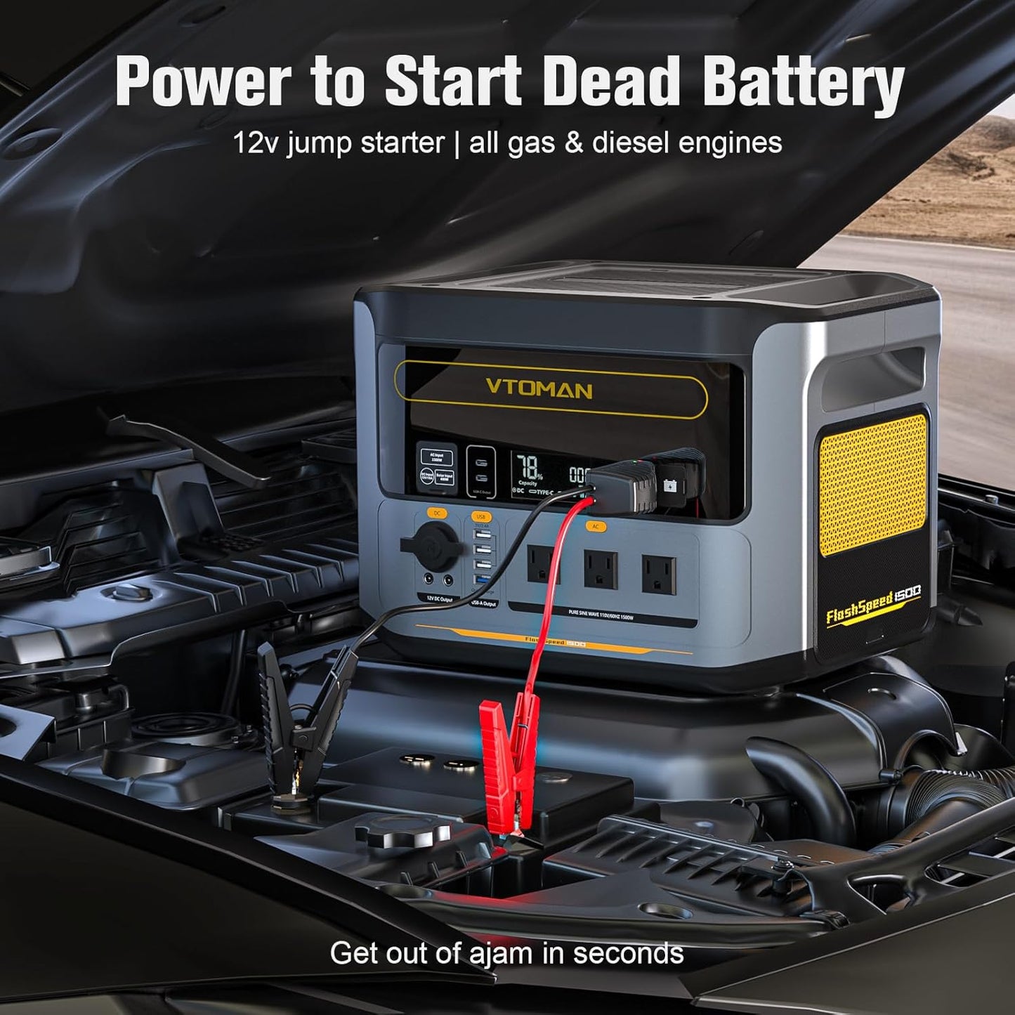 VTOMAN FlashSpeed 1500 Portable Power Station with Jumper Cables, 1548Wh LiFePO4 Solar Generator & Car Jump Starter, Recharge 0-100% in 1H, 1500W AC Output/Input, for Outdoor, Home, Roadside Rescue