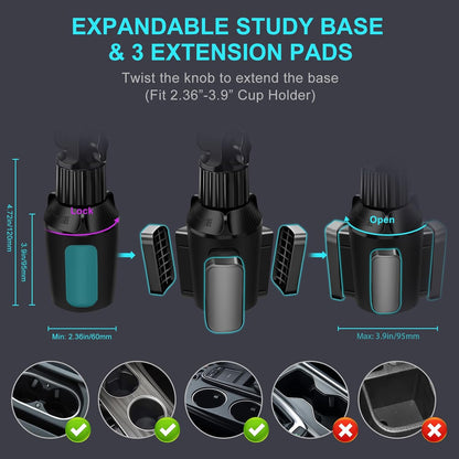 Cup Holder Car Tablet Mount for Truck, 360° Adjustable 15" Long 2-Arm Stand Holder for iPad Pro 12.9/11/10.5/9.7/Air/Mini 6/5/4, Samsung Galaxy Tab/Z Fold 6/5/4, iPhone 16/15/Pro, 4.7-12.9" Tab &Phone