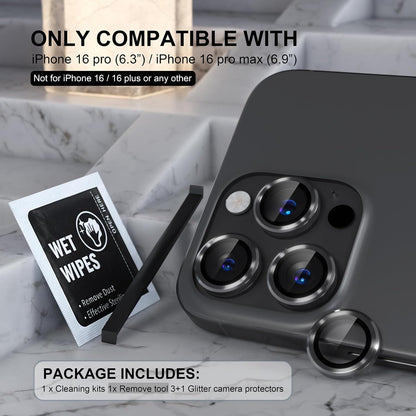 Choiche Compatible for iPhone 16 Pro/iPhone 16 Pro Max Camera Lens Protector, 9H Tempered Glass Camera Cover Screen Protector Metal Ring Decoration Accessories (Black)