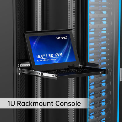 MT-VIKI 16 Port VGA KVM Console, 1U Rack Mount KVM Console w/15.6'' LCD Monitor, 1080P All-in-ONE LCD KVM Console Integrated Touchpad+Keyboard+Drawer+16 KVM Cables