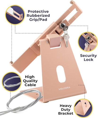 Volcora Anti-Theft Tablet Stand iPad Security Holder with Lock Pink 10-13 Inch Kiosk Stand Mount, Swivel, Adjustable for All iPad, Tablets, POS Register, Retail Business, Checkout, Cashier