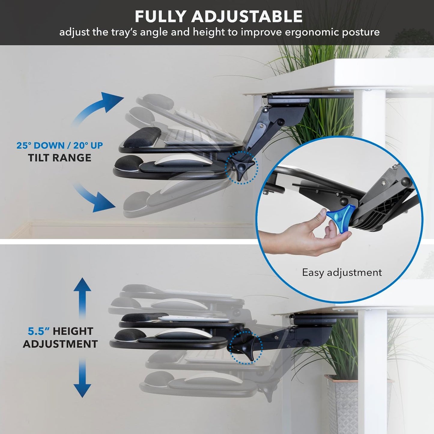 Mount-It! Full Motion Under Desk Keyboard Tray with Wrist Rest | Height and Tilt Adjustable Ergonomic Slide Out Keyboard Platform with Swivel, Mouse Pad for Left or Right Setup