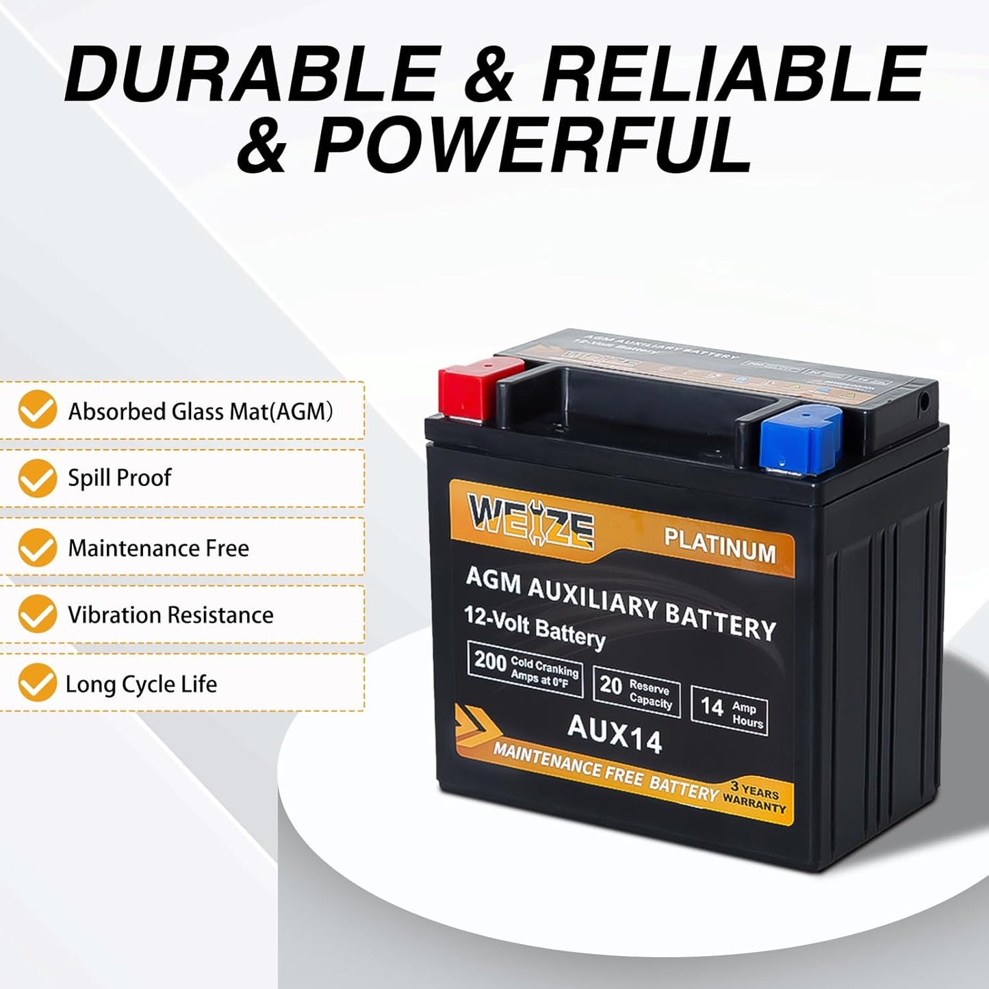 Weize AUX14 AGM Auxiliary Battery, 36 Months Warranty, 200CCA, BCI Group 400 Battery