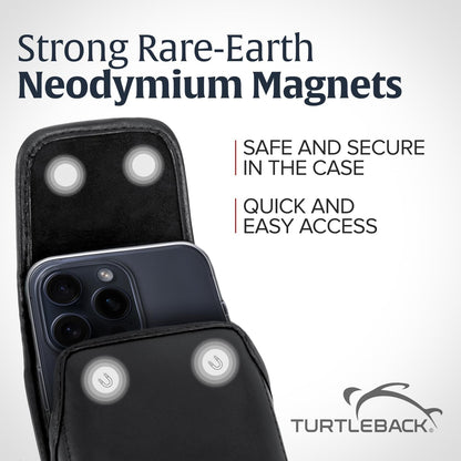 Turtleback Belt Holder for iPhone 16 Pro Max, 15 Pro Max, 14 Pro Max -Small- Fits w/Slim MagSafe Style Cases, Premium Black Leather Vertical Belt Holster Magnetic Closure Leather Wrapped Clip