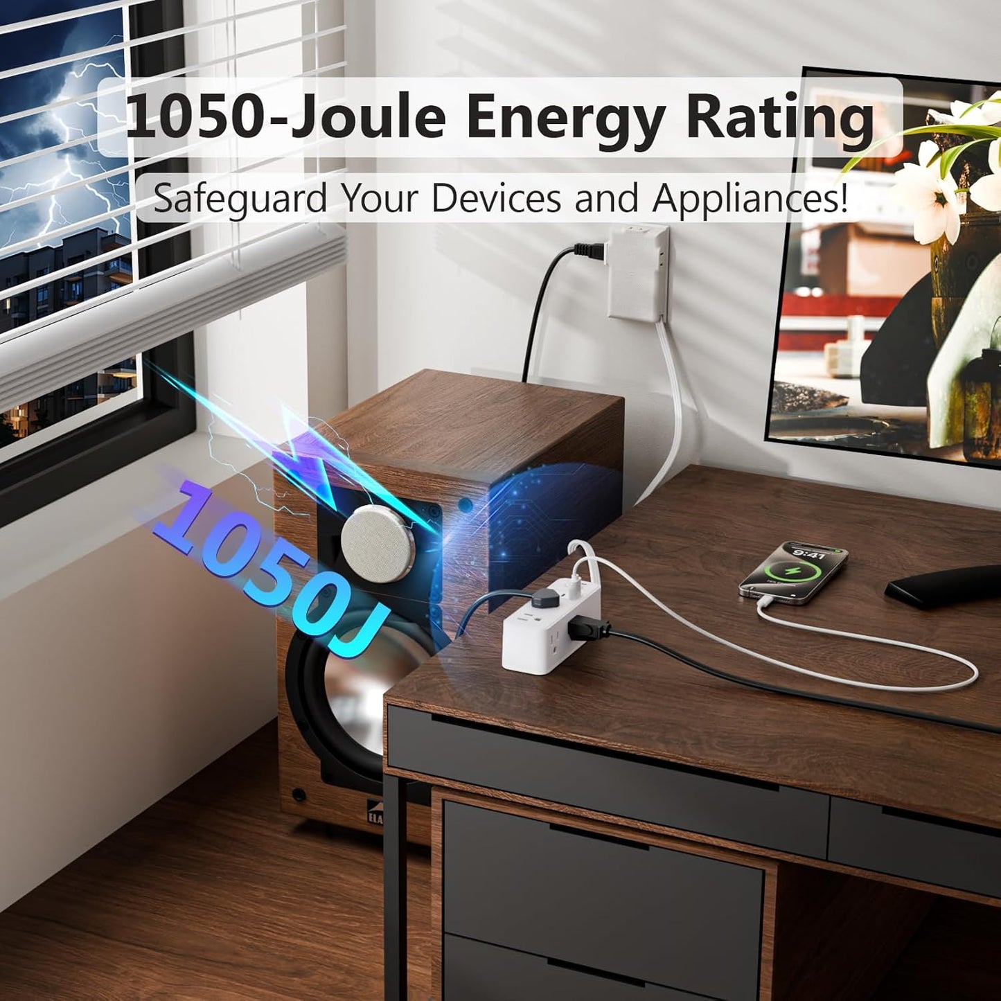 Power Strip Surge Protector with Flat Extension Cord Outlet Cover 6 AC Outlets(3 Wall Outlets Extender) 3 USB Ports (2USB C), 1050 Joules, Multi Plug for Home Office College Dorm Room Essential