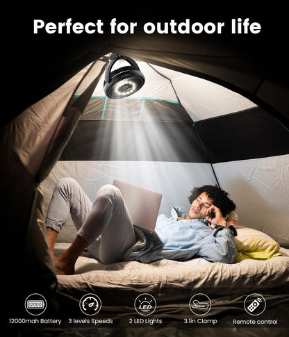 8-inch Clip-on Fan - 12000mAh Portable Rechargeable Battery With 3 Speeds and Strong Airflow, USB Small Desk Personal Quiet for Office, Stroller, Bedroom and Camping