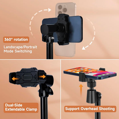 Adjustable Phone Stand for Desk with Clip Mount Live Streaming: 360° Rotatable Overhead Shot Holder with Sturdy Metal Base, Compatible with TikTok, YouTube, Zoom Video Recording (Black)