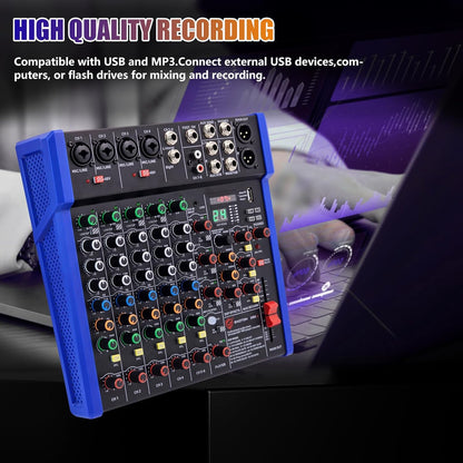 EXOTON Professional Audio Mixer Console, 6 Channel with USB, Bluetooth, MP3 Input, 48V Phantom Power, Ideal for Studio, Live Performance, and DJ Use