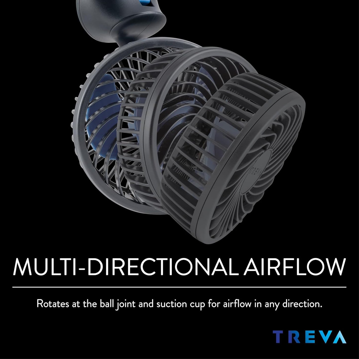 Treva 3.5 Inch USB Powered Fan with Suction Cup, 3 Speed Attachable Fan with Rotating Head for Car, Camping, Travel, Bedroom, Multi-Directional Rotating and Adjustable Head (Black)