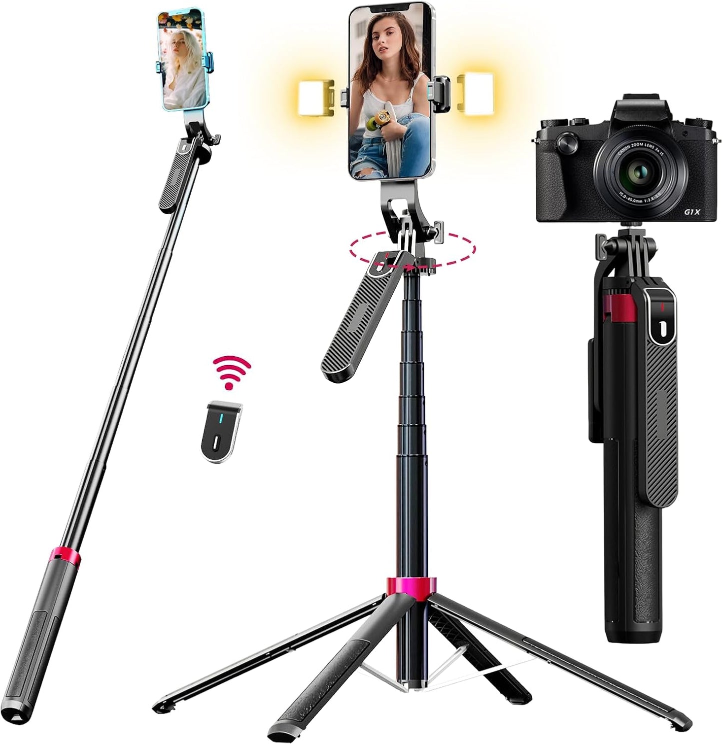 WOVTE 71" Selfie Stick with 2 Lights, Extendable Stand for iPhone, Selfie Stick with Remote, Portable Phone Tripod for Cell Phone Compatible with iPhone/Android, Camera & GoPro
