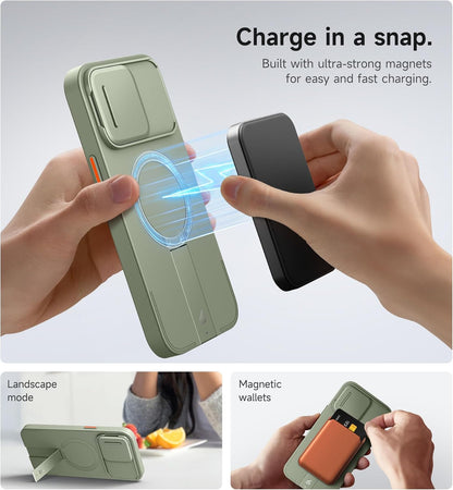 SURITCH for iPhone 14 Pro Max Case with Magnetic Camera Slide Cover and Adjustable Kickstand, Compatible with MagSafe, Shockproof Bumper Case Slim Protective Cover 6.7 Inch, Green