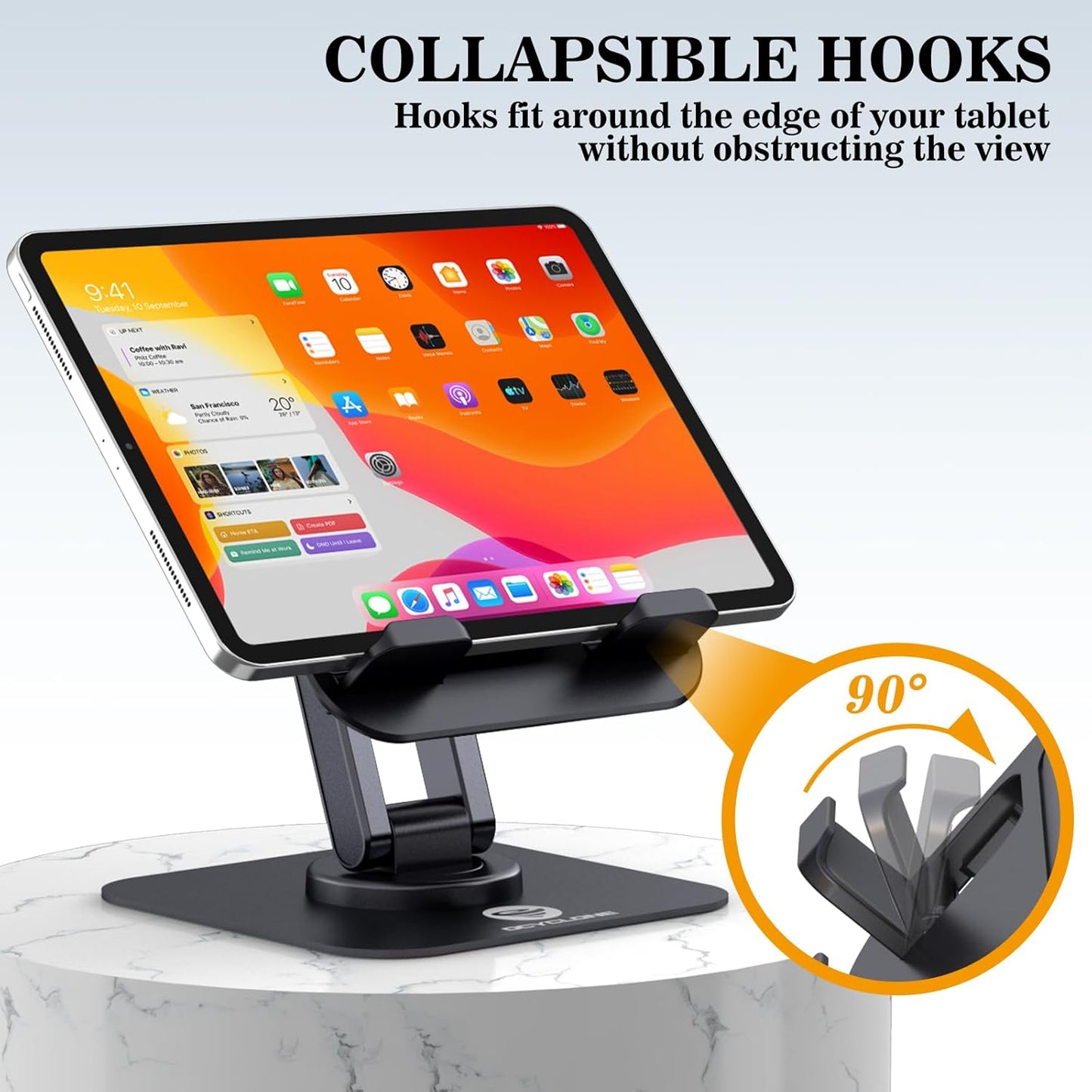 OCYCLONE for iPad Stand for Desk, 360 Rotating Adjustable Portable Monitor Tablet Holder Office Accessories Compatible with Kindle 4" - 15.6" Tablet iPad PS iPhone, Black