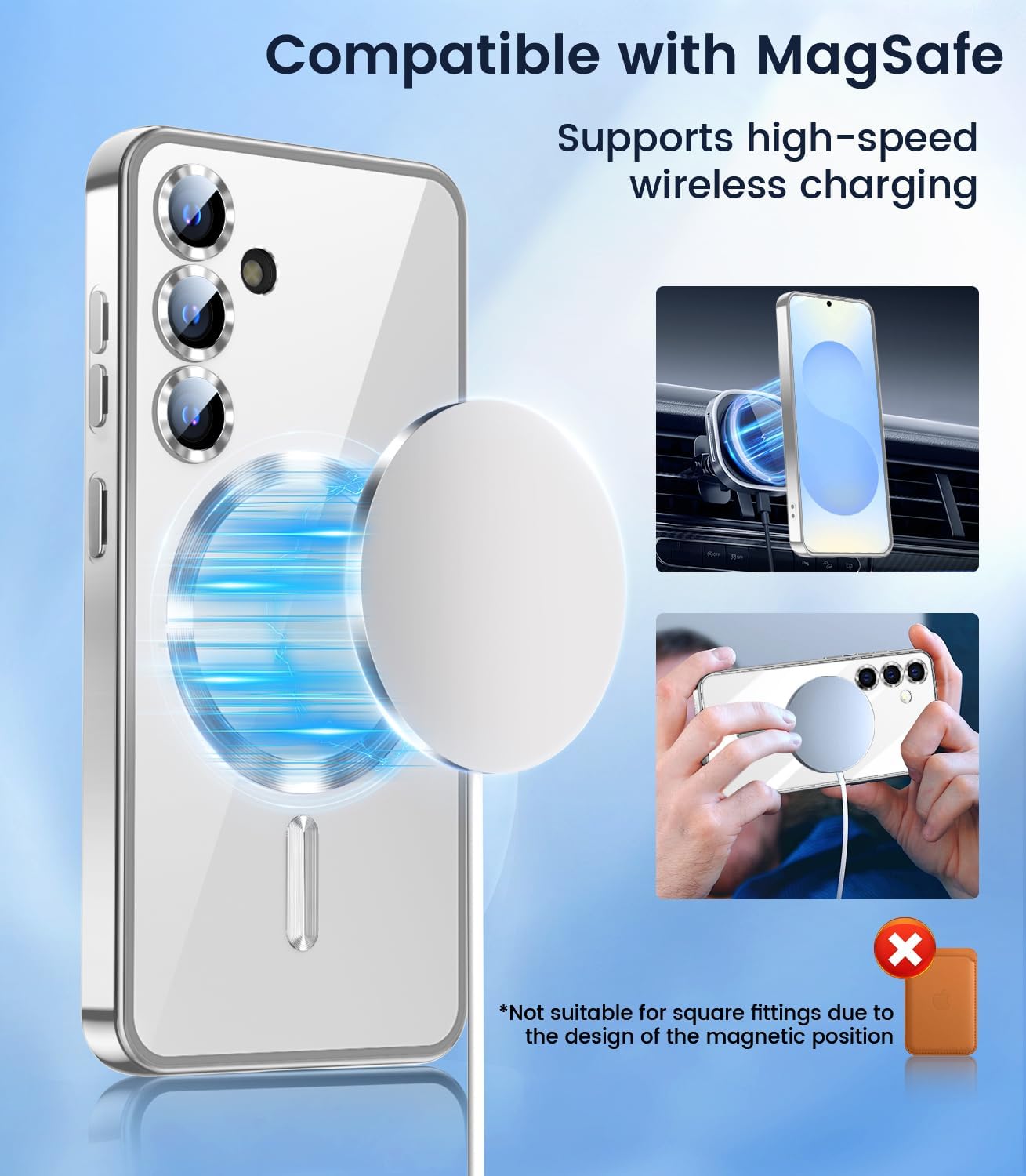 Slim Thin for Samsung Galaxy S25 Plus Case, Compatible with MagSafe, Built-in Camera Lens Protector, Shockproof Protective Phone Case, Soft Electroplated Clear Cover, Silver