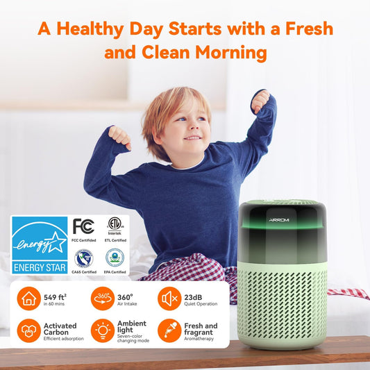 AIRROMI Air Purifier for Bedroom Home,HEPA Filter,Covers Upto 549 Ft²,Quiet 360°intake Air Cleaner with Fragrance ponge for Better Sleep,Night Light,Filters Smoke,Pet Dander,Allergies,Dust,A2005 Green