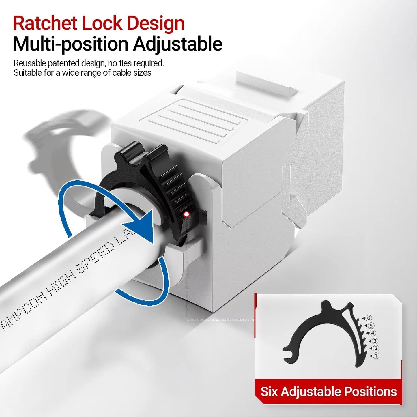 AMPCOM CAT6 RJ45 Keystone Jack - Reusable UTP Ethernet Wall Jack with Adjustable Ratchet Lock Design, No Tool and Zip Tie Required - 50u Gold Plated - White (6-Pack)